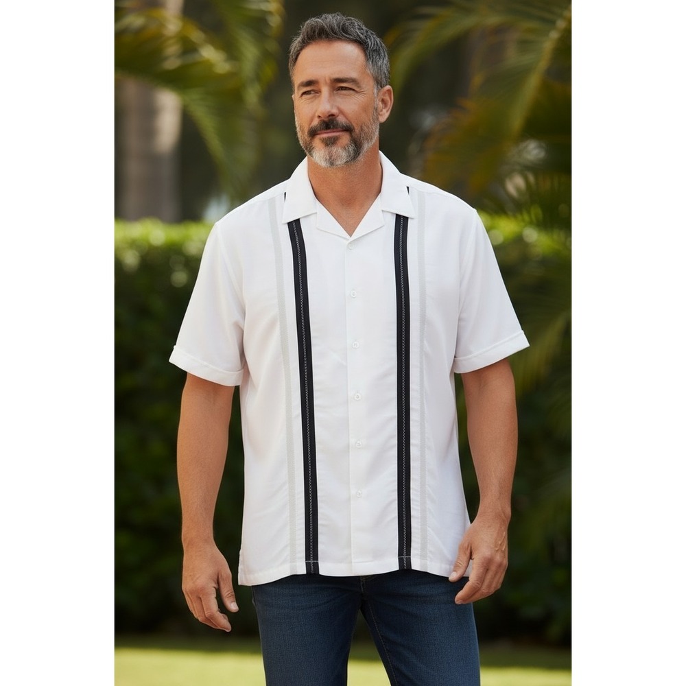 Cubavera‎ Men's Black White Cream Embroidered Stitch Short Sleeve Shirt SZ M